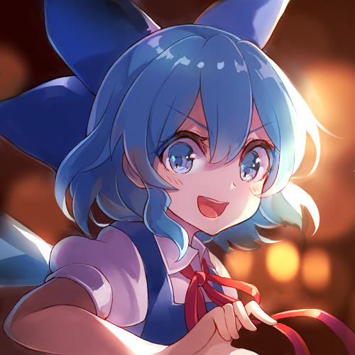 1girl 60mai :d backlighting bangs blue_bow blue_eyes blue_hair blue_vest blurry blurry_background bow cirno collared_shirt depth_of_field hair_bow ice ice_wings looking_at_viewer lowres neckerchief open_mouth puffy_short_sleeves puffy_sleeves red_neckwear red_ribbon ribbon shiny shiny_hair shirt short_hair short_sleeves smile solo tareme touhou upper_body v-shaped_eyebrows vest white_shirt wing_collar wings