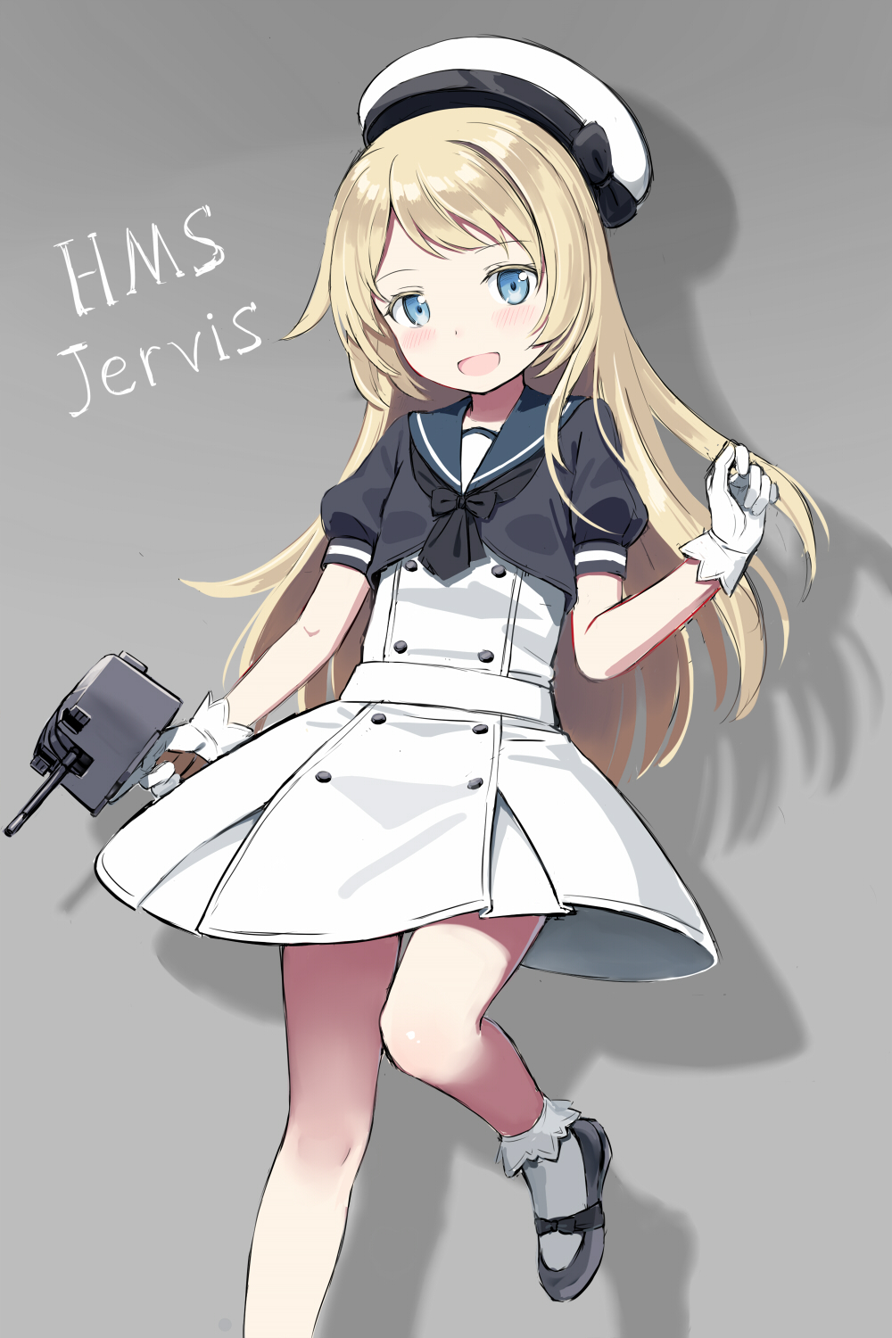 1girl :d beret black_footwear black_neckwear blue_eyes blush character_name cnm colored_eyelashes crop_top dress gloves hat highres holding holding_weapon jervis_(kantai_collection) jewelry kantai_collection leg_up long_hair looking_at_viewer mary_janes necklace open_mouth puffy_short_sleeves puffy_sleeves shadow shiny shiny_hair shoes short_sleeves smile socks solo standing standing_on_one_leg straight_hair tareme very_long_hair weapon white_dress white_gloves white_hat white_legwear