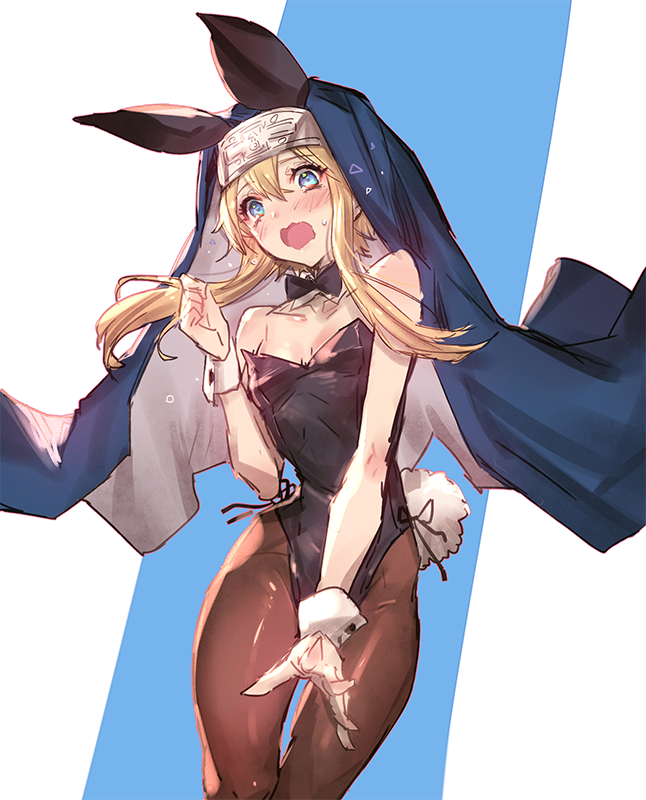 1boy blonde_hair blue_eyes blush bridget_(guilty_gear) bunnysuit commentary cuffs guilty_gear habit looking_at_viewer male_focus nun open_mouth oro_(sumakaita) pantyhose solo sweatdrop trap wrist_cuffs