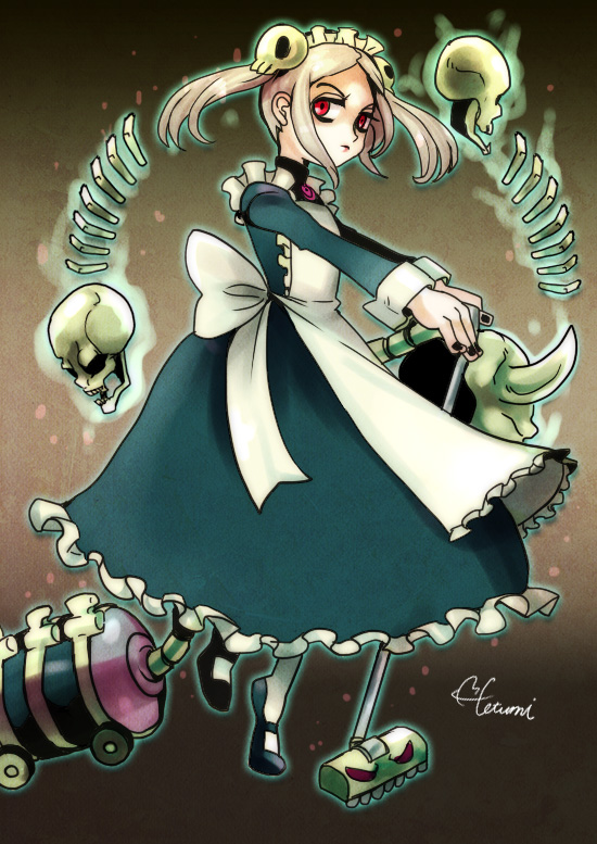 1girl apron black_footwear black_nails bloody_marie_(skullgirls) bone closed_mouth flat_chest floating furrowed_eyebrows hair_ornament long_sleeves looking_at_viewer maid maid_headdress nail_polish outstretched_arms red_eyes shoes signature skull skull_hair_ornament skullgirls sleeve_cuffs standing standing_on_one_leg tatsumi twintails vacuum_cleaner