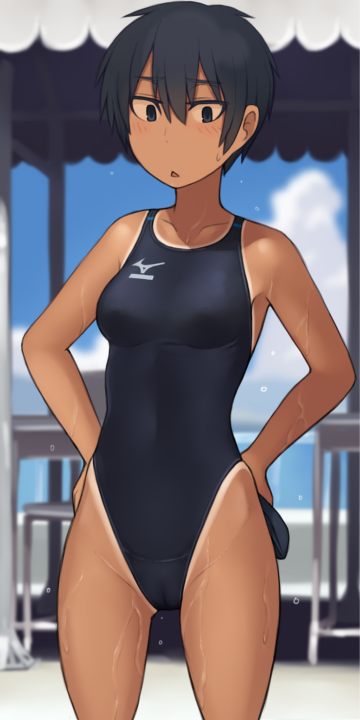 1girl androgynous bangs bare_arms bare_shoulders black_eyes black_hair black_swimsuit blue_sky chestnut_mouth clothes_writing clouds competition_swimsuit cowboy_shot dark_skin day eyebrows_visible_through_hair hands_on_hips holding legs_apart looking_at_viewer lvi mizuno one-piece_swimsuit one-piece_tan open_mouth original outdoors revision shiny shiny_skin short_hair skin_tight sky solo standing sweatdrop swimsuit table tan tanline thighs