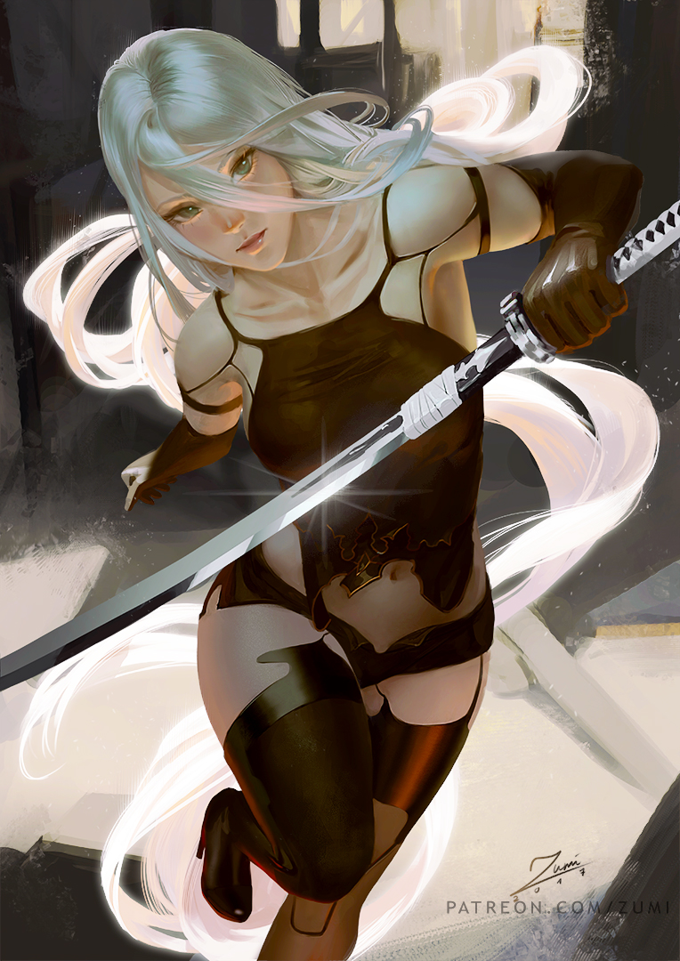 1girl android armlet banned_artist black_gloves black_shorts blue_eyes elbow_gloves gloves holding holding_sword holding_weapon katana long_hair nier_(series) nier_automata pink_lips robot_joints short_shorts shorts silver_hair sword tank_top thigh-highs torn_clothes weapon yorha_type_a_no._2 zumi_(zumidraws)