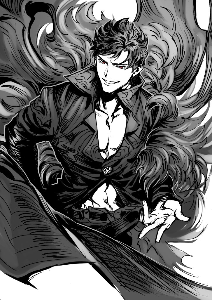 1boy belial_(granblue_fantasy) black_hair black_shirt feather_boa granblue_fantasy komo_(sleepy) male_focus monochrome red_eyes shirt short_hair smile solo