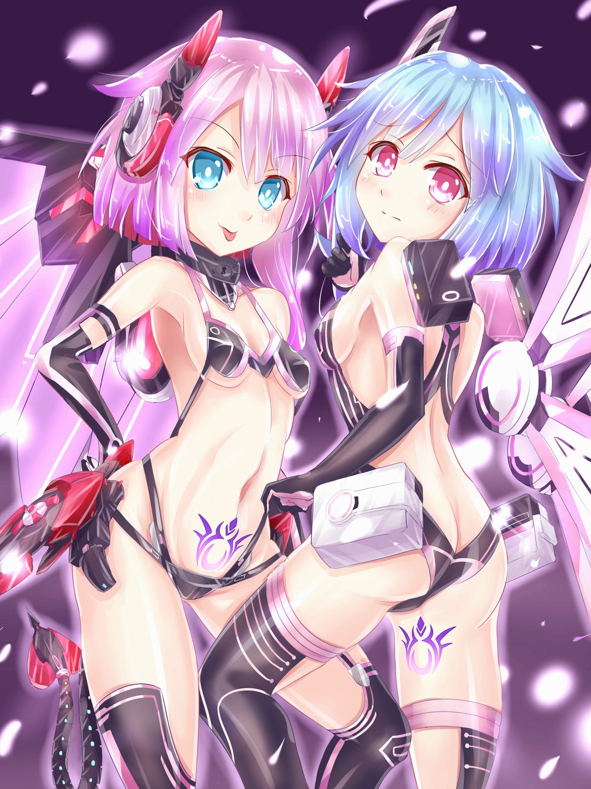 2girls :p armpits ass bare_shoulders blue_eyes blue_hair blush breasts butt_crack cleavage cowboy_shot demon_tail elbow_gloves gloves hair_between_eyes hand_on_own_ass headgear highres kazuneko_(wktk1024) leg_tattoo looking_at_viewer looking_back mechanical_tail mechanical_wings medium_hair multiple_girls navel nepnep_connect:_chaos_chanpuru neptune_(series) pink_eyes pink_hair power_symbol pubic_tattoo ram_(choujigen_game_neptune) revealing_clothes rom_(choujigen_game_neptune) siblings sideboob sisters small_breasts symbol-shaped_pupils tail tattoo thigh-highs tongue tongue_out twins white_sister_ram_(chaos_form) white_sister_rom_(chaos_form) wings