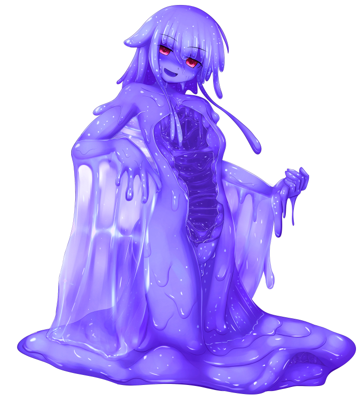 1girl :d blue_hair blue_sclera blue_skin eyebrows_visible_through_hair full_body goo_girl looking_at_viewer melting monster_girl nude open_mouth original red_eyes rethnick shaded_face simple_background smile solo tentacle_hair wet white_background