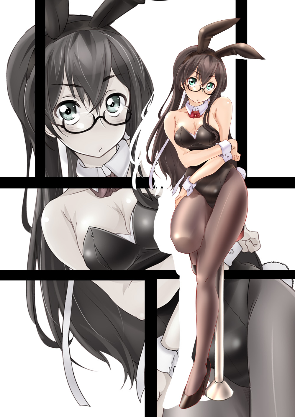 1girl animal_ears black_hair black_leotard blue_eyes bow bowtie breasts bunny_girl bunny_tail bunnysuit cleavage commentary_request detached_collar dutch_angle full_body highres iga_tamaki kantai_collection leotard long_hair looking_at_viewer medium_breasts muted_color ooyodo_(kantai_collection) pantyhose rabbit_ears red_neckwear solo standing stool strapless strapless_leotard tail wrist_cuffs zoom_layer