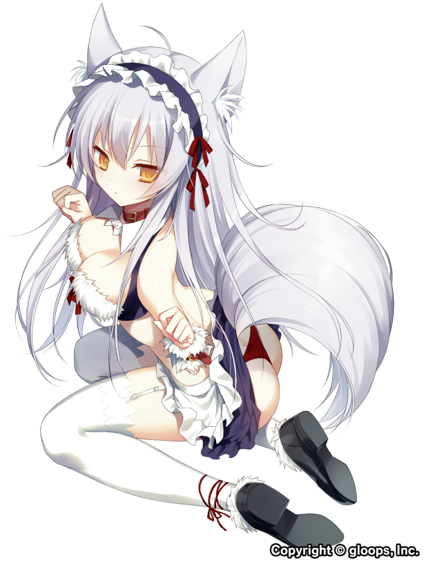 1girl animal_ears ass breasts character_request cleavage collar company_name copyright_request dog_ears dog_tail eyebrows_visible_through_hair full_body garter_straps grey_hair large_breasts long_hair maid_headdress panties red_panties seiza sitting solo tail thigh-highs underwear white_legwear yellow_eyes yoruneko