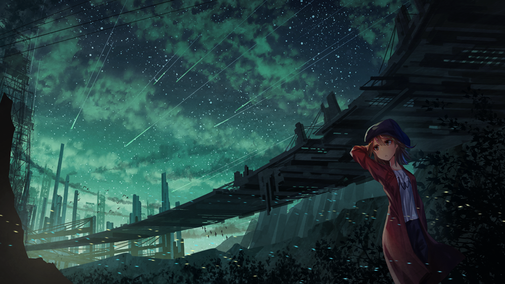 1girl :o bridge brown_eyes brown_hair building bush clothes_writing clouds cloudy_sky coat commentary_request green_sky hand_up hat night night_sky original outdoors pants parted_lips red_coat scenery shirt shooting_star short_hair sky skyscraper standing star_(sky) starry_sky white_shirt zennmai_siki