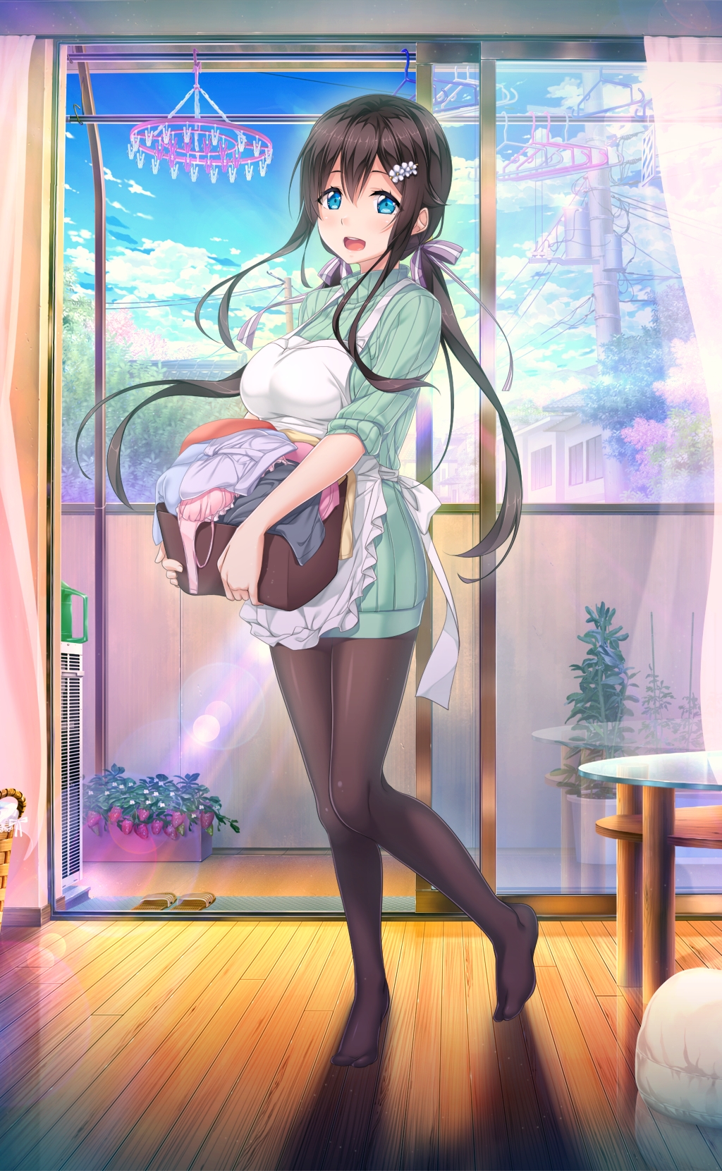 1girl aikagi_(azarashi_soft) apron aqua_eyes brown_legwear day full_body gintarou_(kurousagi108) hair_ornament highres holding indoors laundry_basket leggings lens_flare long_hair no_shoes official_art open_mouth ribbed_sweater sleeves_past_elbows solo standing sweater takanashi_shiori twintails upper_teeth window