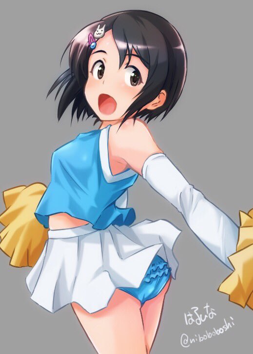 1girl artist_name ass bangs black_eyes black_hair blue_panties blue_shirt bunny_hair_ornament cheerleader commentary_request elbow_gloves frilled_panties frills gloves grey_background hair_ornament hairclip haruhata_mutsuki holding idolmaster idolmaster_cinderella_girls looking_at_viewer looking_back miniskirt open_mouth panties pantyshot pantyshot_(standing) pleated_skirt pom_poms sasaki_chie shirt short_hair signature simple_background skirt sleeveless sleeveless_shirt smile solo standing twitter_username underwear white_gloves white_skirt