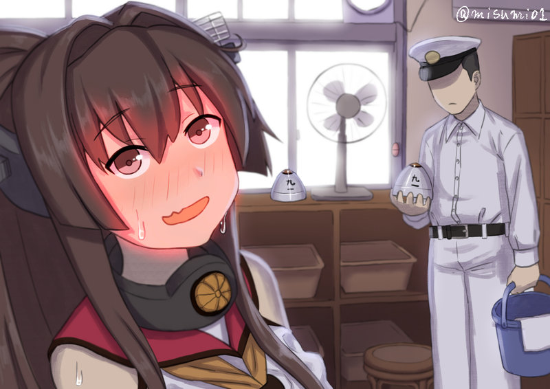 1boy 1girl admiral_(kantai_collection) belt black_hair blush brown_hair bucket commentary electric_fan faceless faceless_male full-face_blush hat kantai_collection misumi_(niku-kyu) open_mouth peaked_cap red_eyes sweat sweating twitter_username type_91_armor-piercing_shell wavy_mouth yamato_(kantai_collection)