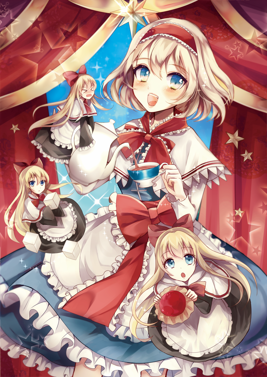&gt;_&lt; 1girl :d alice_margatroid black_dress blonde_hair blue_dress blue_hair bow capelet commentary_request cup curtains d: dress dx eyebrows_visible_through_hair feet_out_of_frame hair_bow hairband heavy highres holding holding_cup long_sleeves looking_at_viewer neck_ribbon open_mouth pouring red_bow red_neckwear ribbon shanghai_doll short_hair smile solo sparkle star sugar_cube sweets tea teacup teapot teeth tongue touhou ukita_uuko white_capelet