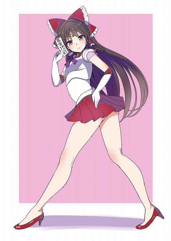 1girl amisu bishoujo_senshi_sailor_moon black_hair bow brown_eyes choker color_connection commentary_request cosplay elbow_gloves full_body gloves hair_bow hair_tubes hakurei_reimu hand_on_hip high_heels long_hair magical_girl namesake pleated_skirt red_footwear red_sailor_collar red_skirt sailor_collar sailor_mars sailor_mars_(cosplay) sailor_senshi_uniform skirt solo touhou white_gloves