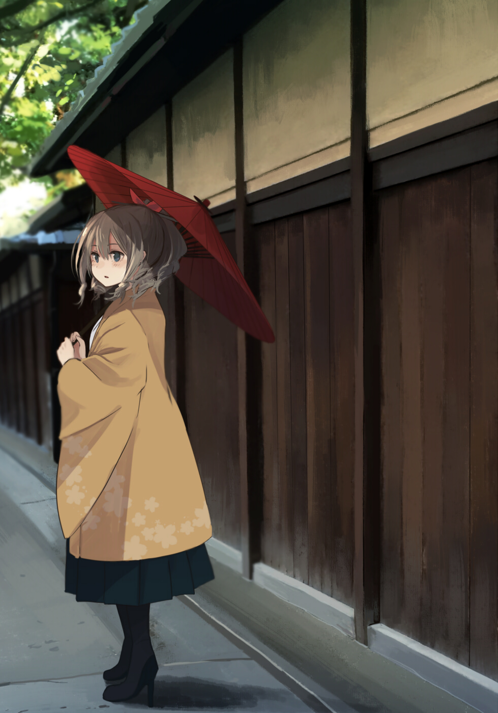 1girl annin_musou black_hakama blue_eyes boots bow commentary_request drill_hair hair_between_eyes hair_bow hakama hatakaze_(kantai_collection) highres holding holding_umbrella japanese_clothes kantai_collection kimono light_brown_hair long_sleeves looking_at_viewer meiji_schoolgirl_uniform open_mouth red_bow red_umbrella short_hair solo umbrella wide_sleeves yellow_kimono