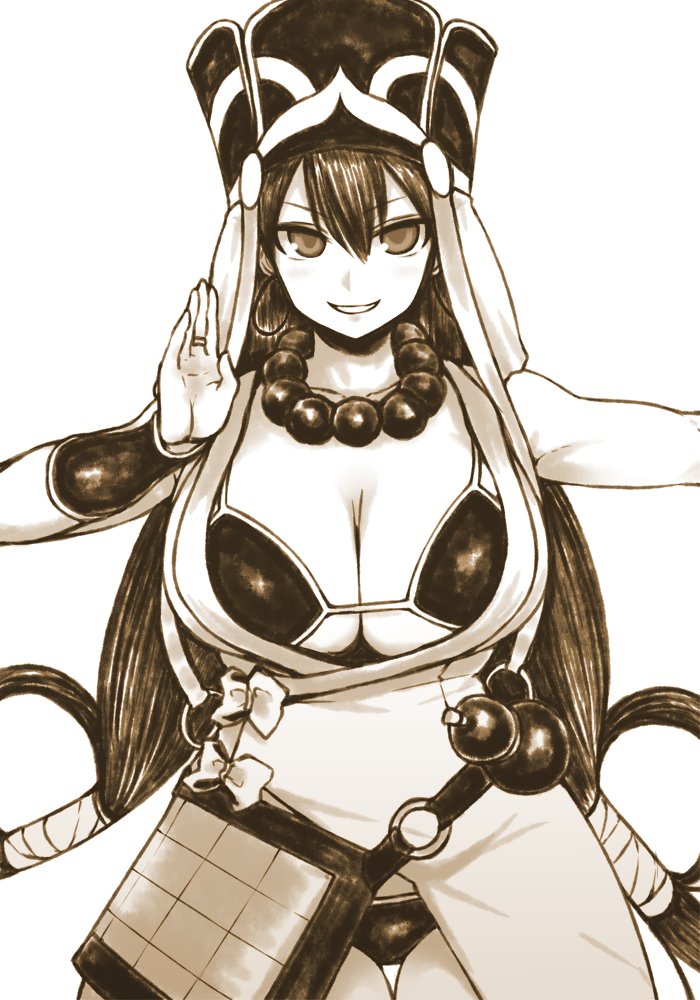1girl bangs bead_necklace beads bikini bikini_under_clothes bow breasts bridal_gauntlets cleavage collarbone cowboy_shot earrings eyebrows eyebrows_visible_through_hair facing_viewer fate/grand_order fate_(series) ginku_mh gourd hair_between_eyes hat hoop_earrings jewelry long_hair looking_at_viewer necklace o-ring prayer_beads ring simple_background solo standing straight_hair swimsuit swimsuit_under_clothes thigh_gap under_boob white_background xuanzang_(fate/grand_order)