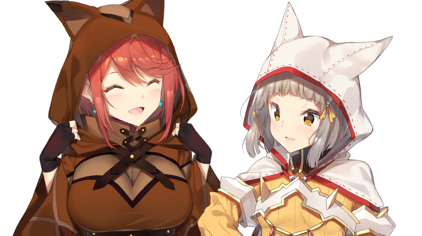 2girls animal_ears bangs blunt_bangs blush bodysuit breasts cat_ears earrings gloves hair_ornament pyra_(xenoblade) jewelry multiple_girls niyah red_eyes redhead ribbon short_hair silver_hair simple_background smile white_gloves xenoblade xenoblade_2 yappen yellow_bodysuit yellow_eyes