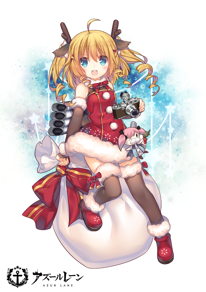 1girl :d ahoge animal_ears antlers azur_lane bangs bare_shoulders black_gloves black_legwear blonde_hair blue_eyes blush camera commentary_request copyright_name dress elbow_gloves eyebrows_visible_through_hair fingerless_gloves fur-trimmed_boots fur-trimmed_dress fur-trimmed_gloves fur-trimmed_legwear fur_collar fur_trim gloves gridley_(azur_lane) hair_between_eyes holding holding_camera holding_sack jiang-ge looking_at_viewer official_art open_mouth red_dress red_footwear reindeer_antlers reindeer_ears ringlets sack sleeveless sleeveless_dress smile solo star thigh-highs twintails upper_teeth