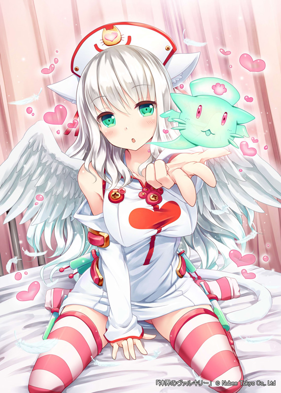 1girl :3 :o akkijin angel_wings animal_ears bangs bare_shoulders bed between_legs blown_kiss blush border breasts cat_ears cat_tail catcine_(shinkai_no_valkyrie) curtains detached_sleeves dress feathers foreshortening full_body green_eyes hand_between_legs hat heart indoors large_breasts long_hair looking_at_viewer no_shoes nurse nurse_cap official_art on_bed open_mouth outstretched_arm paw_print red_legwear shinkai_no_valkyrie short_dress sitting sleeves_past_wrists solo sparkle spread_legs striped striped_legwear syringe tail thigh-highs very_long_hair wariza white_hair white_legwear wings zettai_ryouiki