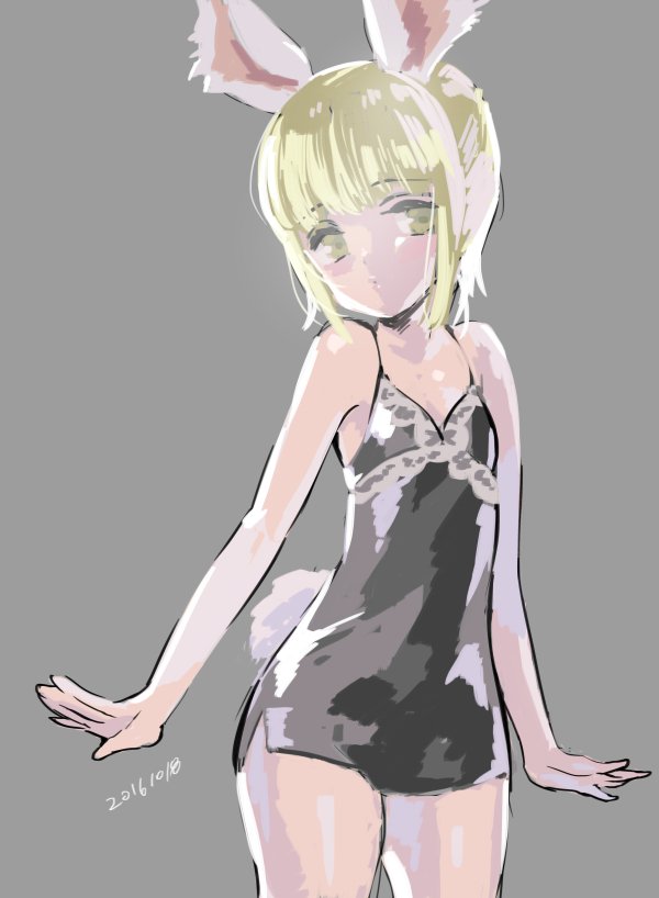 1girl animal_ears black_camisole blonde_hair bunny_tail camisole elin_(tera) emily_(pure_dream) flat_chest grey_background no_pants rabbit_ears short_hair simple_background sketch solo tail tera_online upper_body yellow_eyes