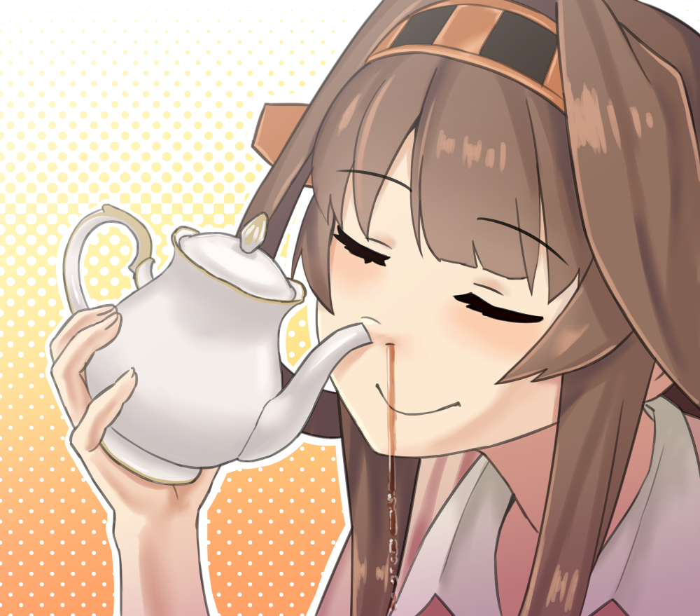 1girl brown_hair closed_eyes commentary_request kantai_collection kongou_(kantai_collection) misumi_(niku-kyu) smile solo tea teapot you're_doing_it_wrong