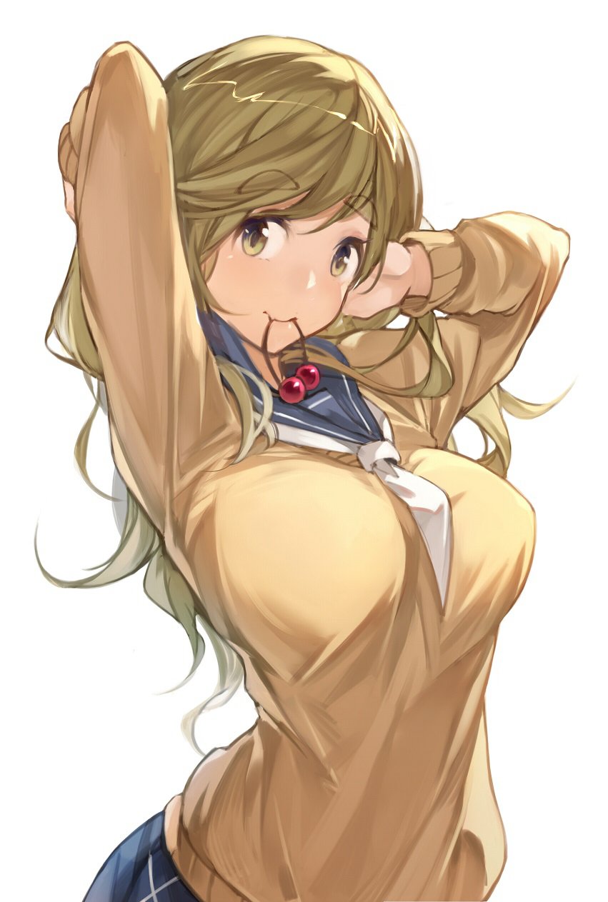 1girl adjusting_hair arms_up blush breasts cardigan eyebrows_visible_through_hair green_eyes hair_bobbles hair_ornament hana_mori highres inuyama_aoi large_breasts long_hair looking_at_viewer mouth_hold neckerchief school_uniform serafuku simple_background solo thick_eyebrows upper_body white_background yurucamp