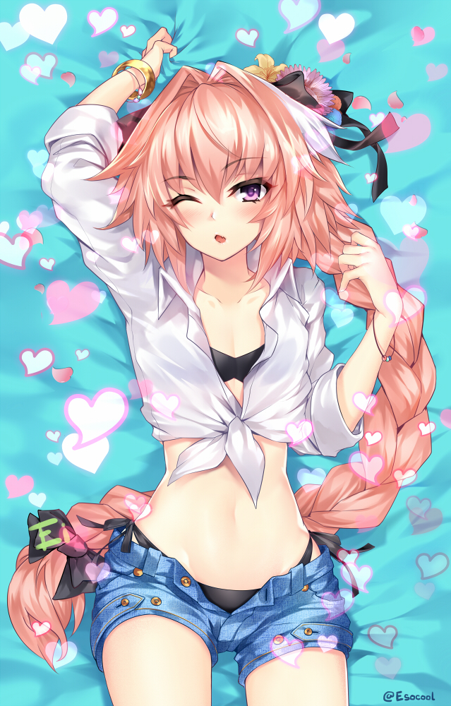 1boy ahoge arm_up artist_name astolfo_(fate) bangle bangs bead_bracelet beads bed_sheet bikini bikini_under_clothes black_bikini black_bow blush bow bracelet braid chestnut_mouth collarbone collared_shirt commentary cowboy_shot crop_top dakimakura denim denim_shorts eisocool eyebrows_visible_through_hair eyelashes fang fate/apocrypha fate_(series) flat_chest flower from_above hair_between_eyes hair_bow hair_flower hair_intakes hair_ornament half-closed_eye hand_up heart highleg highleg_bikini jewelry long_hair long_sleeves looking_at_viewer lying male_focus multicolored_hair navel on_back one_eye_closed open_clothes open_mouth open_shirt open_shorts pink_flower pink_hair sheet_grab shirt short_shorts shorts side-tie_bikini single_braid sleeves_rolled_up solo stomach streaked_hair swimsuit tied_shirt trap two-tone_hair unbuttoned very_long_hair violet_eyes white_hair white_shirt wide_hips wing_collar yellow_flower