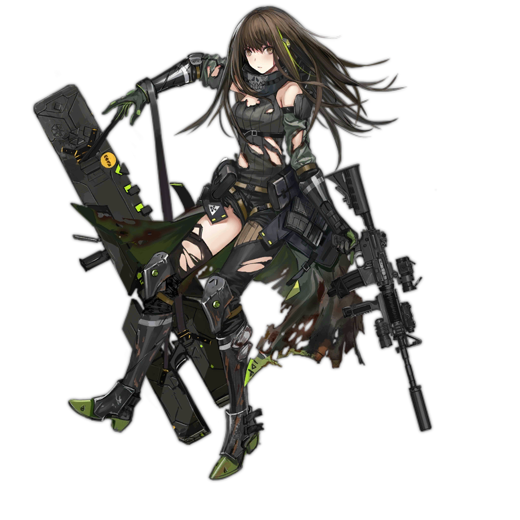 1girl android artist_request assault_rifle asymmetrical_legwear black_hair blush brown_eyes expressionless full_body girls_frontline gun gun_case looking_at_viewer m4_carbine m4a1_(girls_frontline) magazine_(weapon) mechanical_arm multicolored_hair official_art rifle scarf single_thighhigh streaked_hair suppressor thigh-highs torn_clothes transparent_background weapon