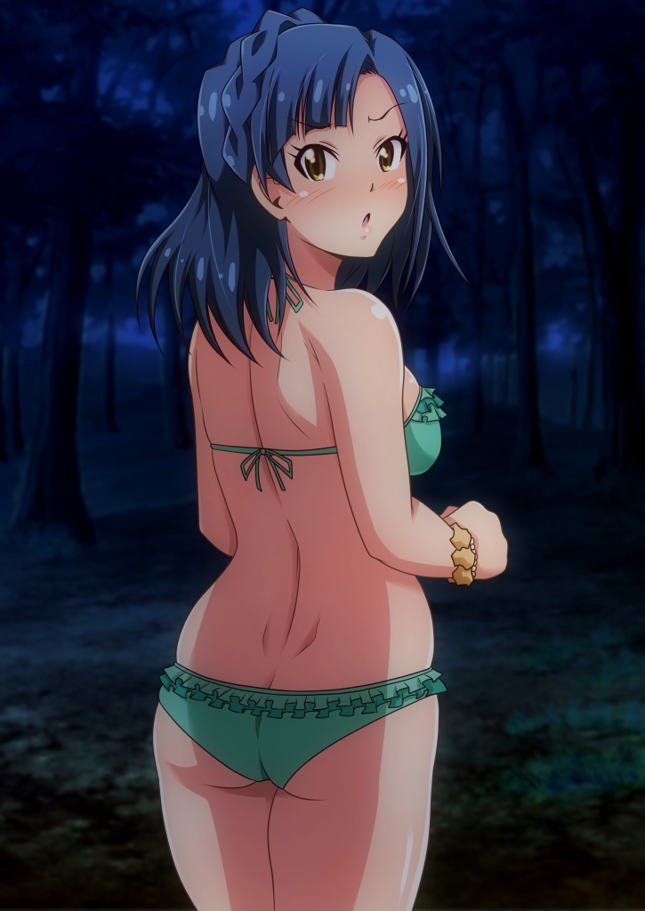 1girl :o ass asymmetrical_bangs bangs bare_arms bare_back bare_shoulders bikini blonde_hair blue_hair blush breasts cowboy_shot dark eyebrows_visible_through_hair forest frilled_bikini frills from_behind green_bikini idolmaster idolmaster_million_live! looking_at_viewer looking_back medium_breasts medium_hair nanao_yuriko nature night open_mouth outdoors sideboob solo standing swimsuit tanuki_(metaltanuki) tree v-shaped_eyebrows wristband yellow_eyes