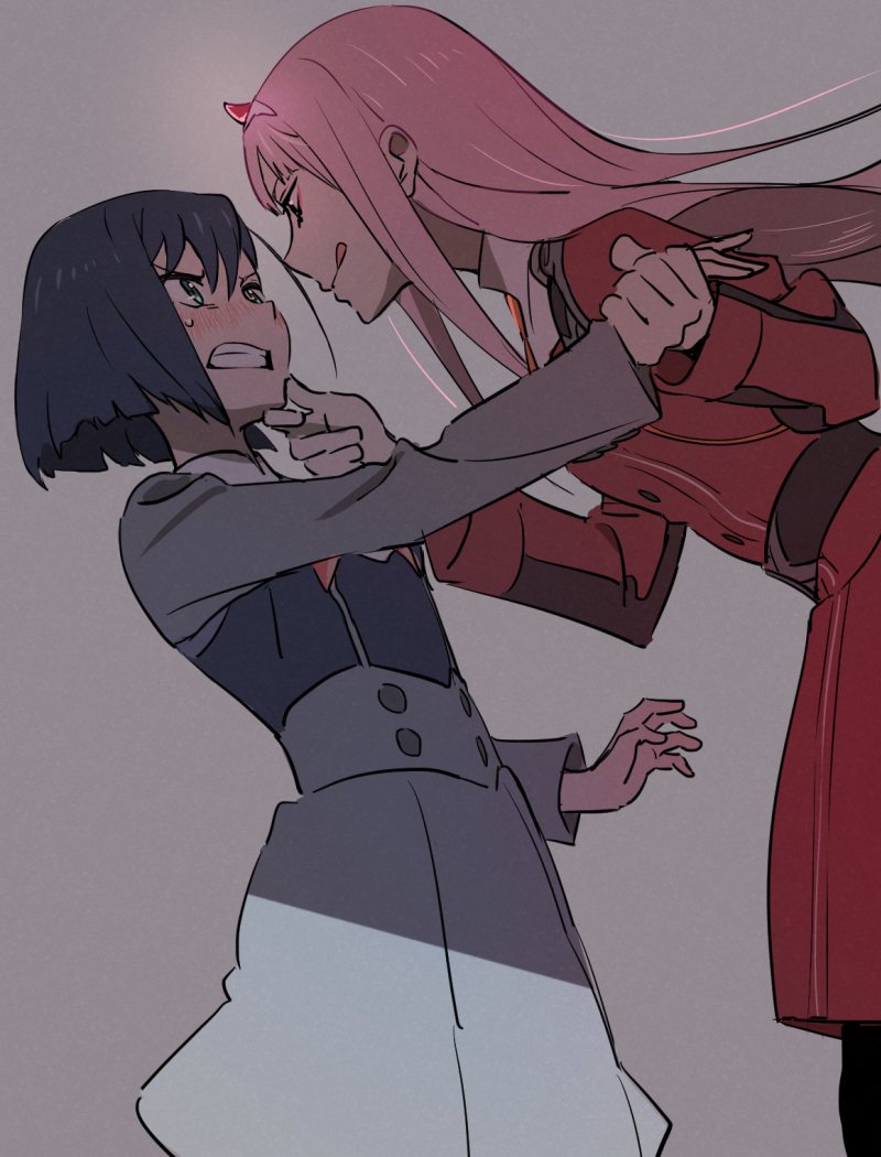 2girls aqua_eyes assertive blush clenched_teeth commentary_request darling_in_the_franxx eye_contact finger_to_cheek glaring green_eyes half-closed_eyes hand_grab ichigo_(darling_in_the_franxx) licking_lips long_hair long_sleeves looking_at_another multiple_girls short_hair sweatdrop teeth tongue tongue_out uniform yuri zero_two_(darling_in_the_franxx)