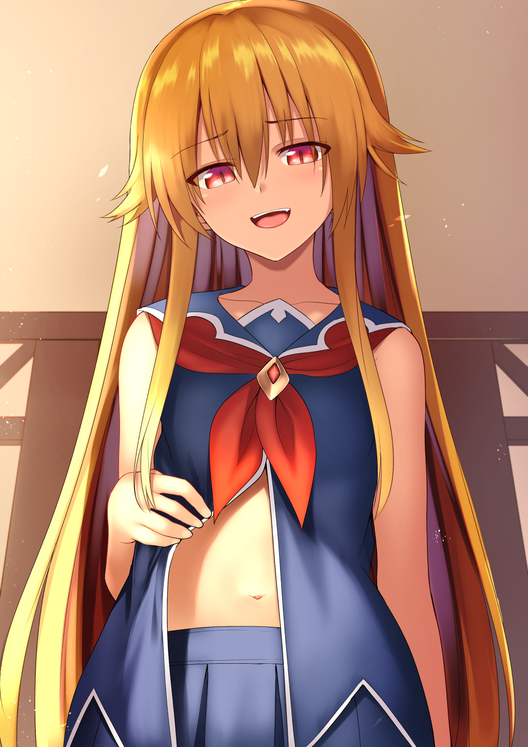 1girl bangs bare_arms blonde_hair collarbone commentary_request eyebrows_visible_through_hair from_below gem hair_between_eyes hair_flaps half-closed_eyes highres long_hair looking_at_viewer mahcdai navel navy_blue_sailor_collar navy_blue_shirt navy_blue_skirt neckerchief open_mouth original pleated_skirt red_eyes red_neckwear sailor_collar shade shiny shiny_hair shirt shirt_lift sidelocks skirt sleeveless sleeveless_shirt slit_pupils solo stomach very_long_hair