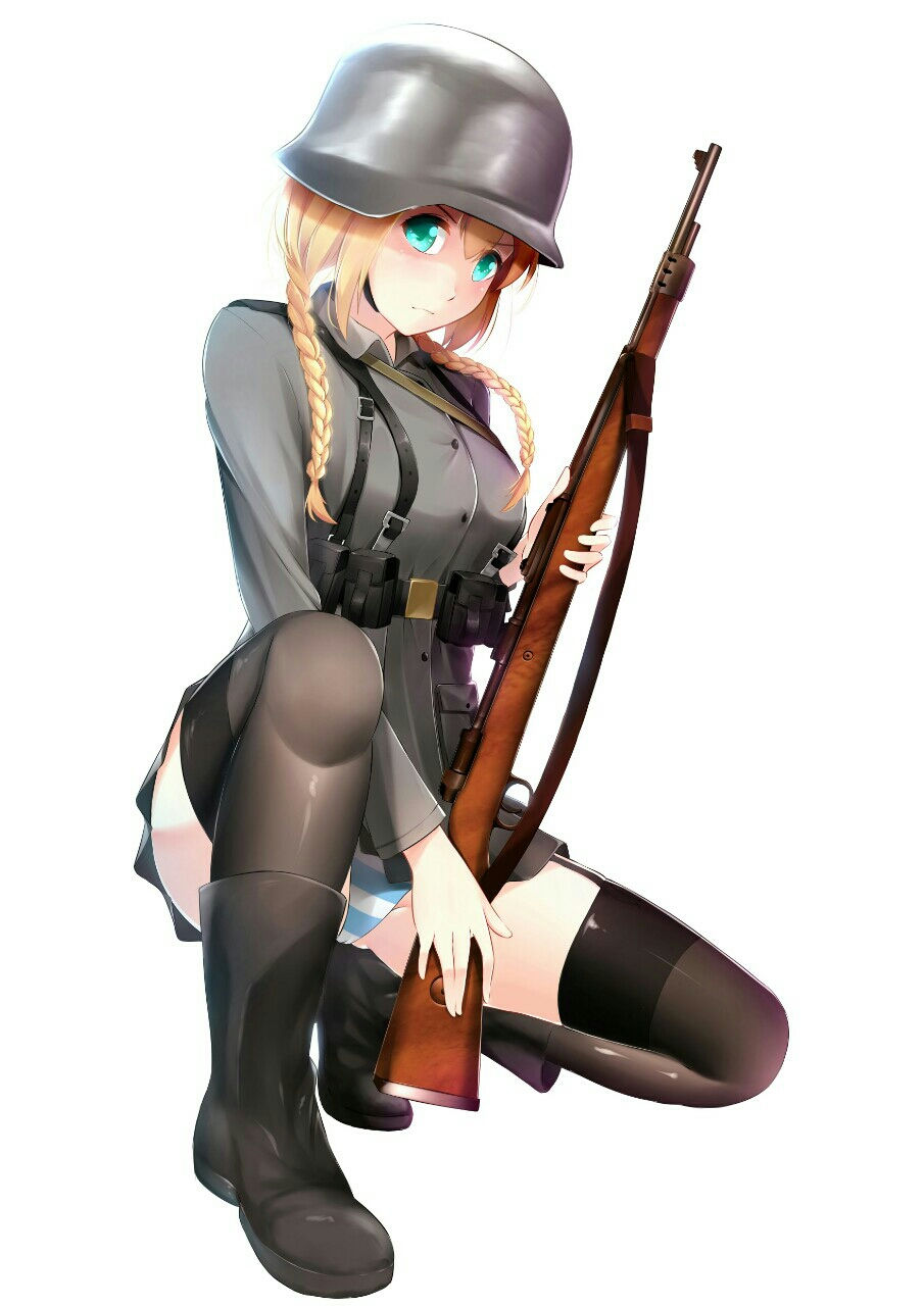 1girl aqua_eyes blonde_hair boots braid commentary gun highres ilham kneeling military military_uniform original panties pantyshot pantyshot_(kneeling) rifle solo stahlhelm striped striped_panties thigh-highs twin_braids underwear uniform weapon white_background