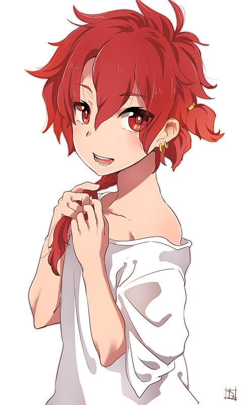 1boy alexander_(fate/grand_order) blush braid earrings fate/grand_order fate_(series) jewelry kawasemi_(pocorit) long_hair looking_at_viewer male_focus red_eyes redhead single_braid smile