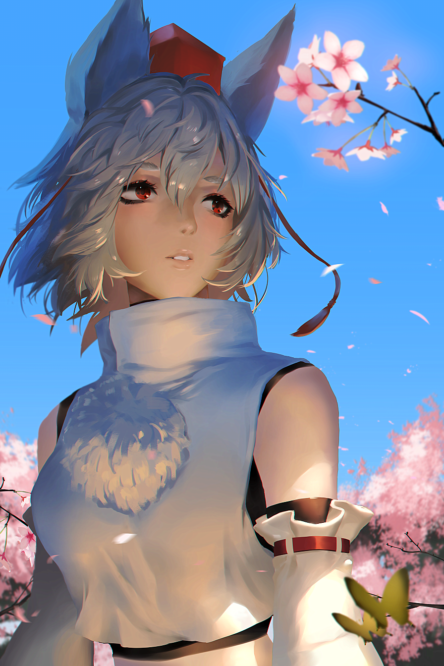 1girl black_gloves blue_sky cherry_blossoms day detached_sleeves gloves hat highres inubashiri_momiji kinketsu looking_afar nose outdoors parted_lips pom_pom_(clothes) red_eyes ribbon-trimmed_sleeves ribbon_trim sky solo spring_(season) tokin_hat touhou turtleneck upper_body white_hair wind