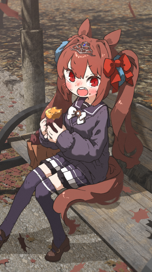1girl amonitto animal_ears bangs bench blush bow bowtie breasts brown_footwear brown_hair daiwa_scarlet_(umamusume) eating food food_on_face holding holding_food horse_ears horse_girl horse_tail jacket leaf long_hair nose_blush open_mouth outdoors pleated_skirt purple_jacket purple_skirt purple_thighhighs red_eyes school_uniform shadow shoes sitting skirt small_breasts solo sweet_potato tail thigh-highs tiara tracen_school_uniform twintails umamusume