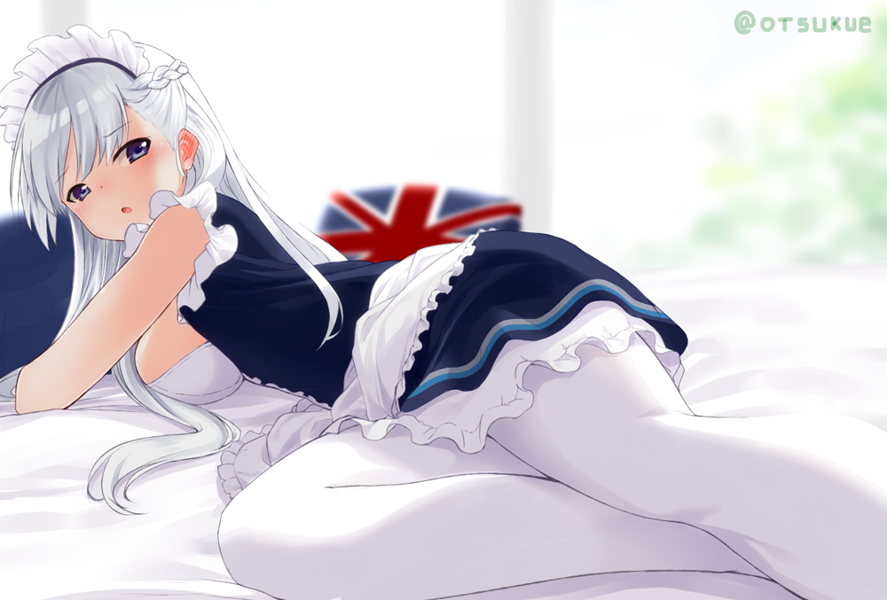 1girl apron azur_lane bed_sheet belfast_(azur_lane) blurry blush braid breasts commentary_request depth_of_field dx_(dekusu) eyebrows_visible_through_hair french_braid frilled_apron frills indoors large_breasts long_hair looking_at_viewer looking_back lying maid maid_apron maid_headdress on_bed on_side open_mouth pantyhose silver_hair solo twitter_username white_apron white_legwear