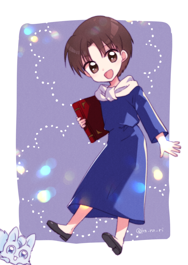 1boy :d akazukin_chacha arm_at_side bangs black_footwear blue_dress book brown_hair commentary_request creature dress eyebrows_visible_through_hair full_body holding holding_book koruri long_sleeves looking_at_viewer no_socks open_mouth outside_border parted_bangs purple_background riiya shiine shoes short_hair smile tareme twitter_username