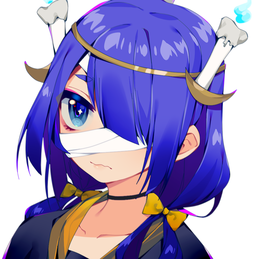 1girl bandage bandaged_head bangs black_jacket blue_eyes blue_fire blue_hair bow candle collarbone crescent eyebrows_visible_through_hair fire hair_bow hair_over_one_eye jacket long_hair looking_at_viewer low_twintails original prophet_chu simple_background solo twintails white_background yellow_bow