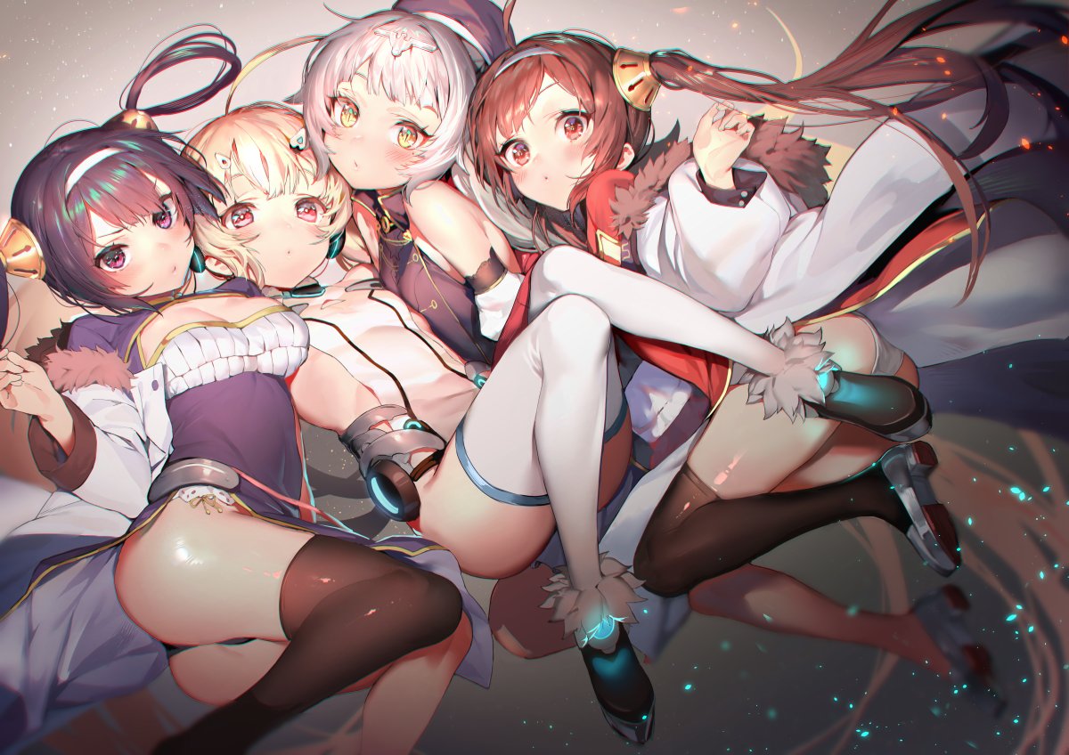 4girls ahoge ankle_boots ass azur_lane bangs bare_shoulders black_footwear black_hat black_legwear black_panties blonde_hair blush boots breasts china_dress chinese_clothes cleavage cleavage_cutout closed_mouth convenient_leg detached_sleeves dress eldridge_(azur_lane) feet_out_of_frame flat_chest fur-trimmed_jacket fur_trim glowing gradient gradient_background grey_background grey_footwear hair_ornament hair_ribbon hairband hairclip hairpods hat headpiece jacket jaga_yamatarawo knees_together_feet_apart leotard light_particles long_hair long_sleeves looking_at_viewer medium_breasts midriff mole mole_under_eye multiple_girls ning_hai_(azur_lane) off_shoulder panties pantyshot pelvic_curtain ping_hai_(azur_lane) purple_dress red_dress red_eyes ribbon shiny shiny_hair shiny_skin short_dress silver_hair single_thighhigh thigh-highs thighs twintails underwear upskirt v-shaped_eyebrows very_long_hair violet_eyes white_hairband white_jacket white_legwear white_leotard white_panties yellow_eyes z46_(azur_lane)