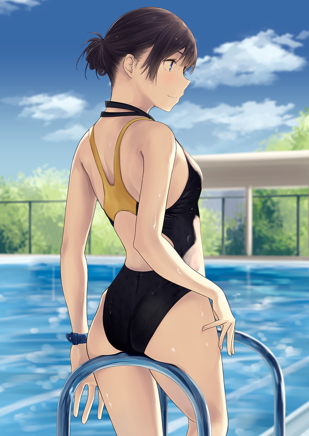 1girl ass back back_cutout backlighting bad_hands bangs black_hair black_swimsuit blue_eyes blue_sky blurry blush breasts chain-link_fence clouds competition_swimsuit day depth_of_field dripping fence from_behind hair_bun highres hiwatari_rin light_smile looking_to_the_side multicolored multicolored_clothes multicolored_swimsuit one-piece_swimsuit original outdoors pool pool_ladder poolside profile short_hair sidelocks sky small_breasts solo standing sunlight swimsuit tree watch watch water wet
