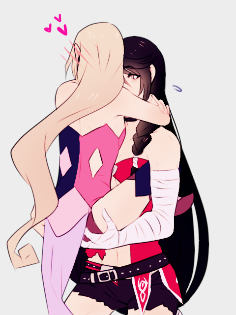 2girls arms_around_neck belt black_choker blush choker heart leg_lock magilou_(tales) multiple_girls tales_of_(series) tales_of_berseria velvet_crowe yuri