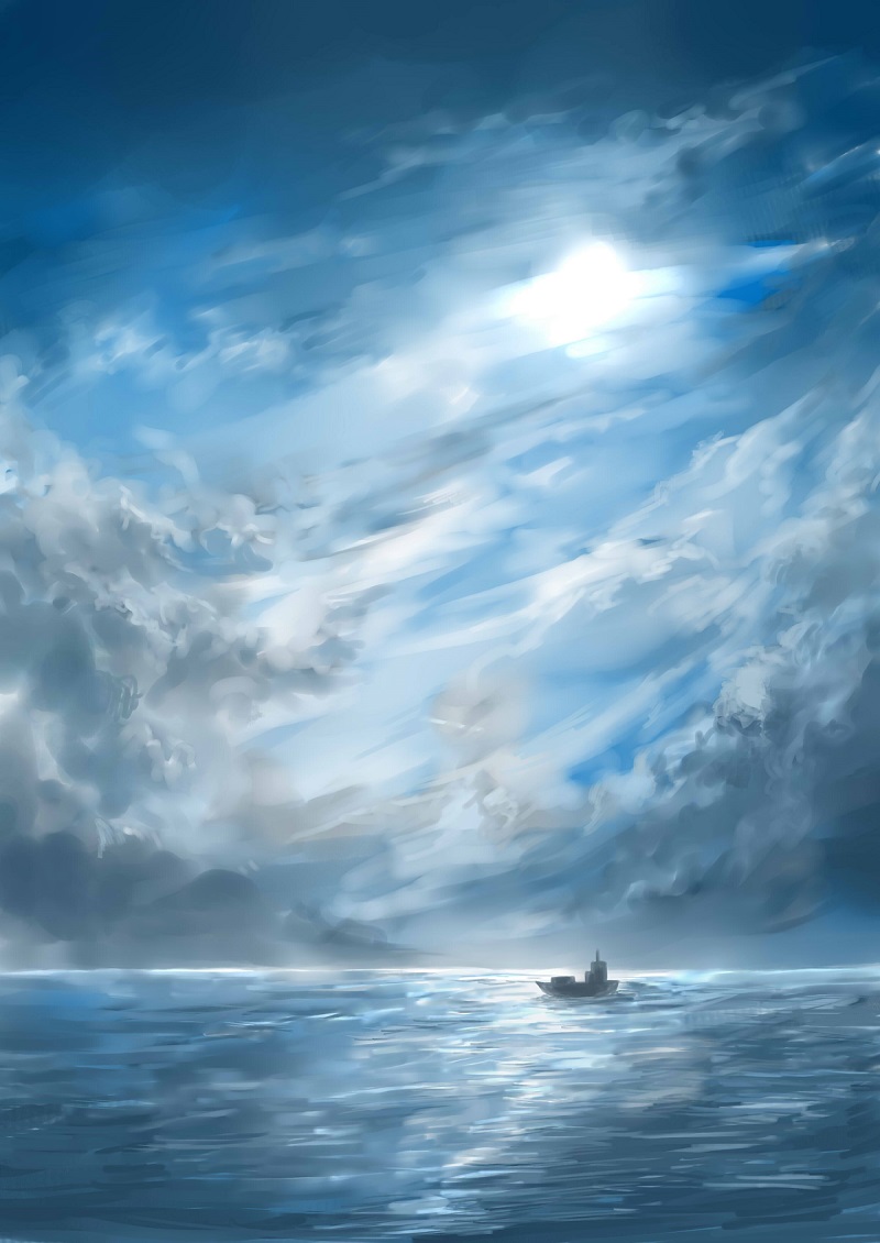 aqua blue_sky boat clouds cloudy_sky no_humans ocean original scenery seascape sky sun sunlight wariko water watercraft