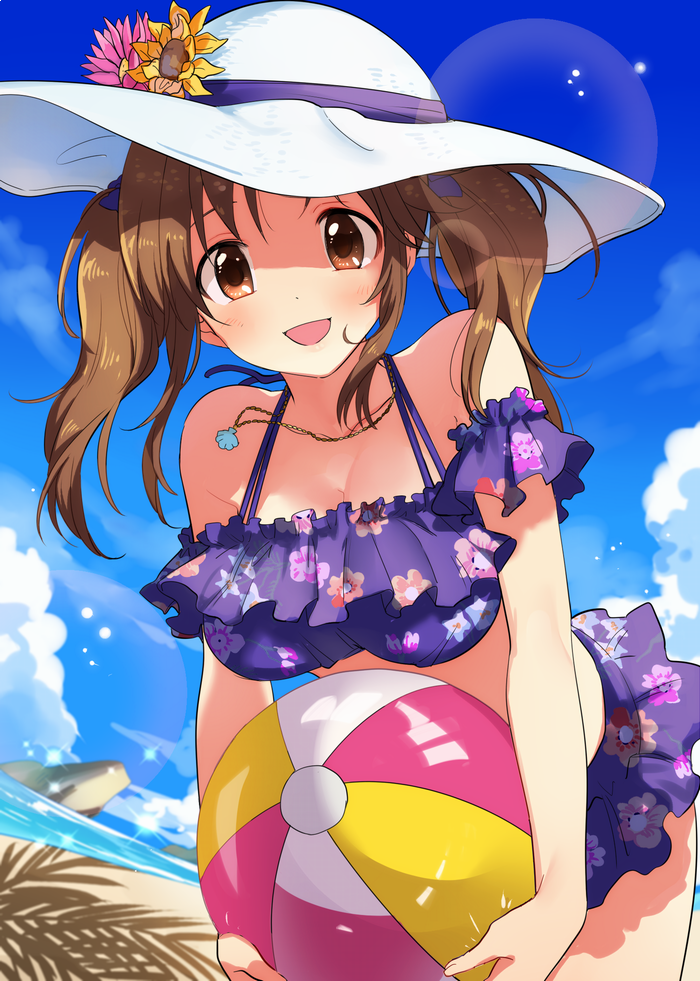 1girl :d arm_scrunchie ball bare_shoulders beach beachball blue_sky blush breasts brown_eyes brown_hair cleavage clouds floral_print from_below hat idolmaster idolmaster_cinderella_girls large_breasts looking_at_viewer medium_hair ocean open_mouth shadow sky smile solo sun_hat swimsuit totoki_airi twintails two_piece white_hat yunion_(sibujya)