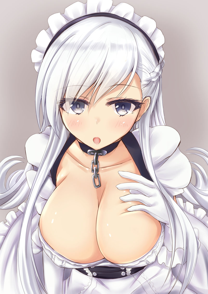 1girl apron azur_lane bangs belfast_(azur_lane) braid breasts chains cleavage collar collarbone commentary_request corset eyebrows_visible_through_hair french_braid frilled_apron frills gloves large_breasts long_hair maid maid_apron maid_headdress nekoyaso silver_hair violet_eyes white_apron white_gloves