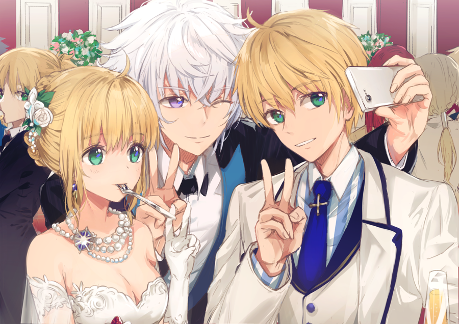 2boys 2girls ;) ahoge artoria_pendragon_(all) bangs bare_shoulders black_jacket blonde_hair blue_neckwear breasts cellphone cleavage collared_shirt cup dangmill dress drinking_glass earrings elbow_gloves eyebrows_visible_through_hair fate_(series) flower fork formal gloves green_eyes hair_flower hair_ornament holding holding_phone indoors jacket jewelry long_sleeves medium_breasts merlin_(fate/stay_night) mordred_(fate) mordred_(fate)_(all) mouth_hold multiple_boys multiple_girls necklace necktie one_eye_closed open_clothes open_jacket pearl_necklace phone ponytail rose saber saber_(fate/prototype) shiny shiny_hair shirt sidelocks silver_hair smartphone smile strapless strapless_dress striped striped_shirt suit taking_picture upper_body v vertical-striped_shirt vertical_stripes violet_eyes white_dress white_flower white_gloves white_jacket white_rose white_shirt wing_collar