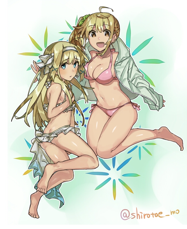 2girls :d ahoge ass bangs bare_arms bare_legs bare_shoulders barefoot bikini blonde_hair blue_eyes breasts brown_eyes cleavage collarbone eyebrows eyebrows_visible_through_hair fingernails flat_ass green_jacket green_scrunchie groin hair_ornament hair_ribbon hairband hood hood_down hooded_jacket jacket knees_together_feet_apart long_sleeves medium_breasts midriff multiple_girls navel one_side_up open_clothes open_jacket open_mouth original pink_bikini ribbon scrunchie shirotae_moyashi side-tie_bikini smile stomach swimsuit twitter_username white_hairband white_ribbon x_hair_ornament