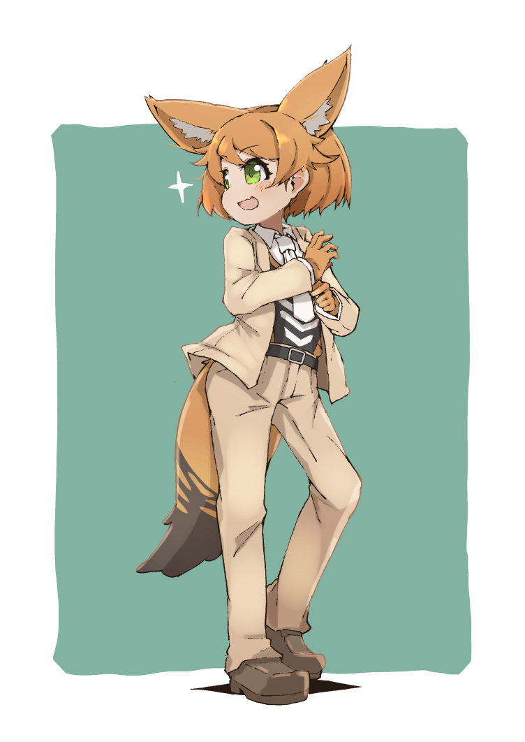 1girl :d adapted_costume belt black-backed_jackal_(kemono_friends) brown_gloves brown_hair commentary_request extra_ears fang full_body gloves green_background green_eyes jackal_ears jackal_tail kemono_friends looking_away necktie open_mouth pants shoes short_hair simple_background smile solo teranekosu white_neckwear