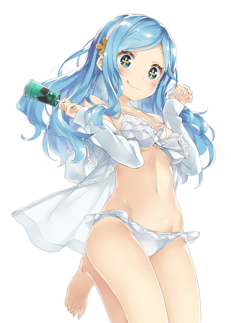 +_+ 1girl :3 :q bare_legs barefoot bikini blue_eyes blue_hair breasts cleavage eyebrows_visible_through_hair food frilled_bikini frills hairband himouto!_umaru-chan long_hair long_sleeves medium_breasts navel open_clothes open_shirt peko popsicle sidelocks simple_background sleeves_past_wrists solo swimsuit symbol-shaped_pupils tachibana_sylphynford tongue tongue_out under_boob white_background white_bikini