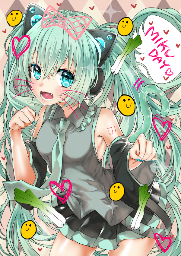1girl aqua_eyes aqua_hair argyle argyle_background cat_tail character_name detached_sleeves eroriru fang hatsune_miku headphones long_hair nail_polish necktie open_mouth paw_pose pleated_skirt skirt solo spring_onion tail twintails very_long_hair vocaloid