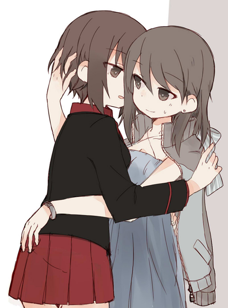 2girls bangs black_jacket blue_dress blue_jacket bracelet brown_eyes brown_hair closed_mouth cowboy_shot dress earrings eyebrows_visible_through_hair fud girls_und_panzer hug imminent_kiss jacket jacket_on_shoulders jewelry keizoku_military_uniform kuromorimine_military_uniform long_hair long_sleeves looking_at_another medium_dress mika_(girls_und_panzer) military military_uniform miniskirt multiple_girls nishizumi_maho open_clothes open_jacket parted_lips pleated_skirt raglan_sleeves red_shirt red_skirt shirt short_hair skirt smile standing sweatdrop track_jacket uniform white_background yuri