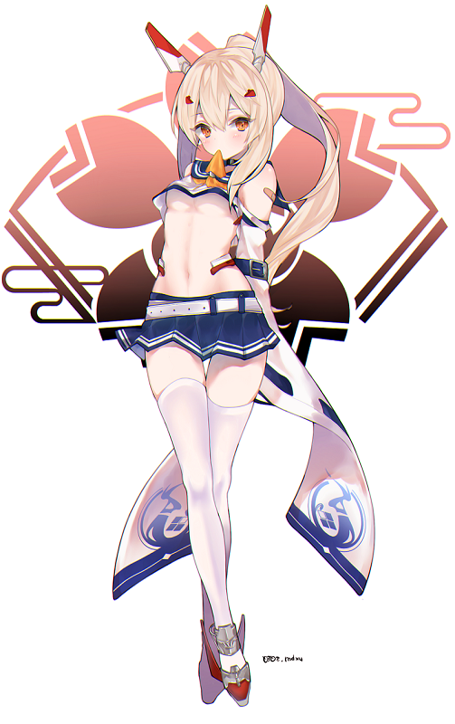 1girl ayanami_(azur_lane) azur_lane bandaid_on_arm bangs bare_shoulders belt blue_skirt blush breasts closed_mouth detached_sleeves eyebrows_visible_through_hair full_body hair_between_eyes hair_ornament headgear high_ponytail horns light_brown_hair long_hair long_sleeves looking_at_viewer medium_breasts mimelond mouth_hold navel orange_eyes orange_neckwear pleated_skirt ponytail remodel_(azur_lane) school_uniform serafuku shirt signature skirt sleeveless sleeveless_shirt solo standing thigh-highs under_boob very_long_hair white_background white_belt white_hair white_legwear white_shirt wide_sleeves